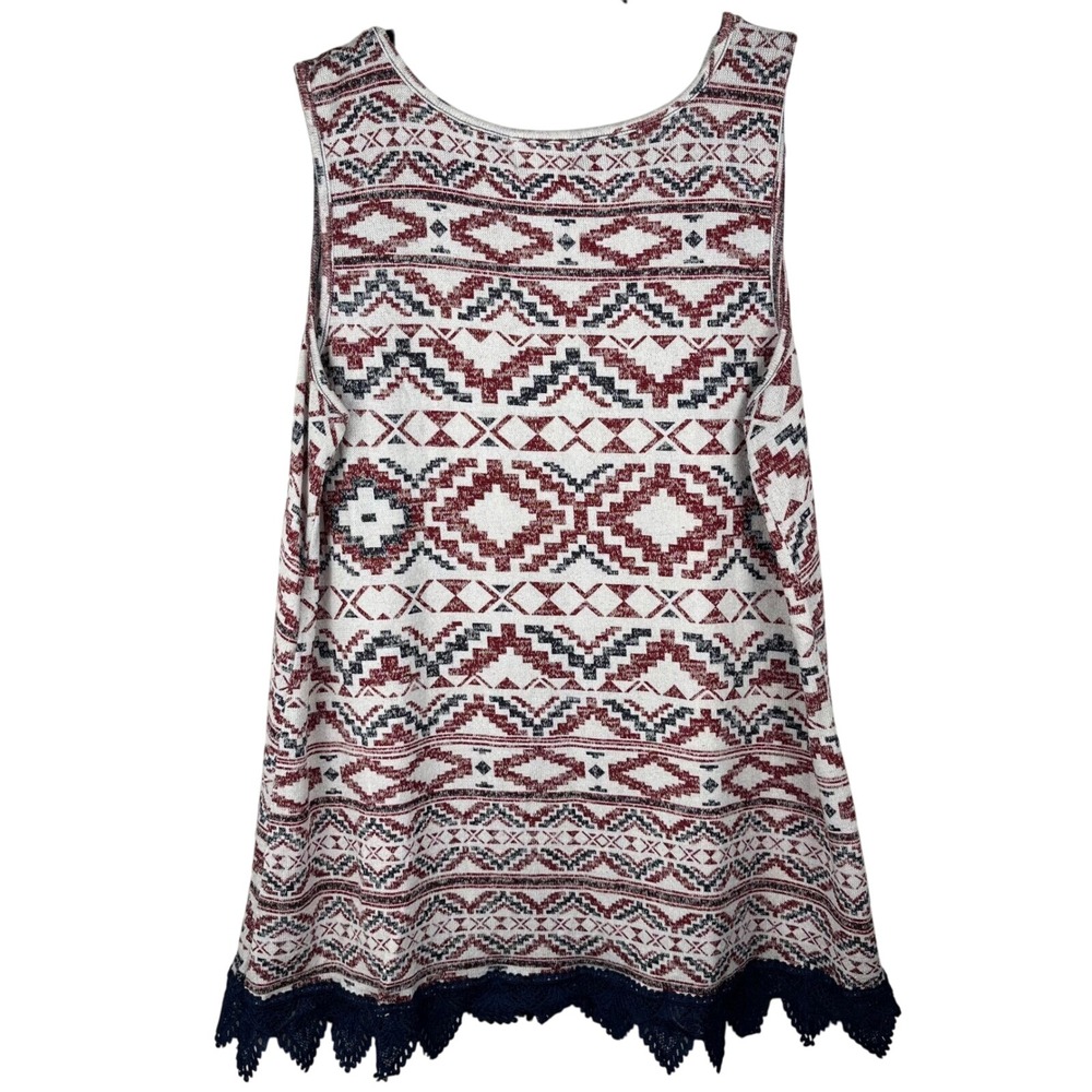 Just Be Aztec Tank Top Sleeveless Lace Trim Casual Summer White Red 1X Patriotic - Picture 5 of 10